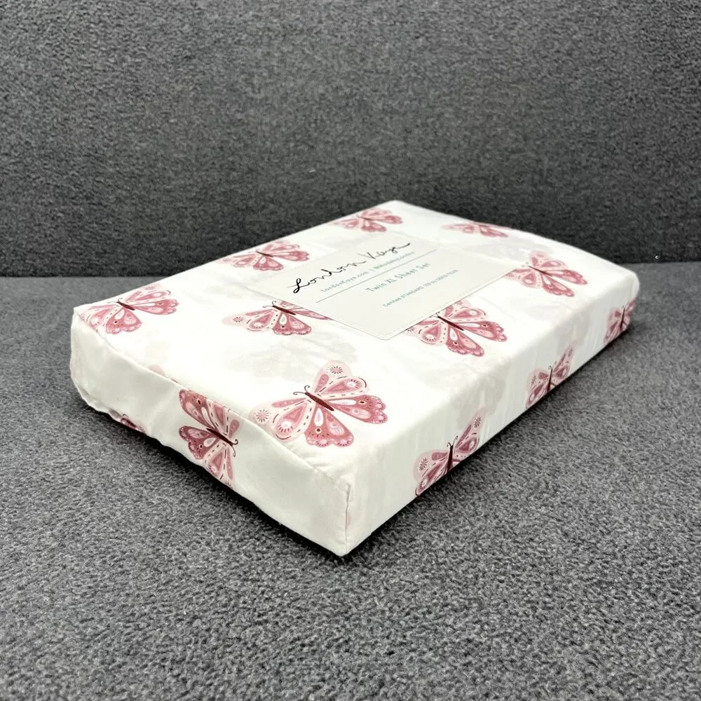 London Kaye TWIN XL Sheet Set White Pink Butterfly 4pc‎